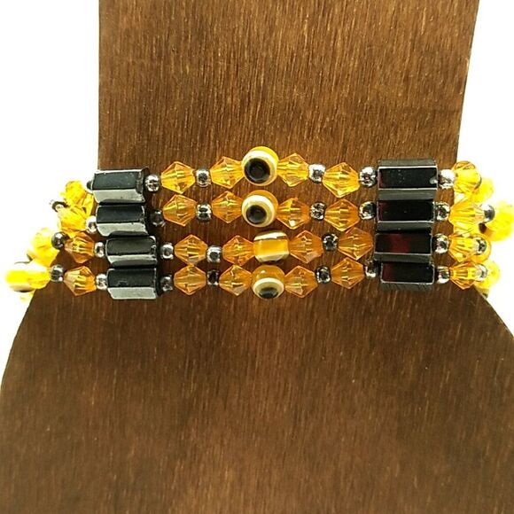Acrylic Evil Eye Beaded Hematite Magnetic Wrap Bracelet - Picture 1 of 10